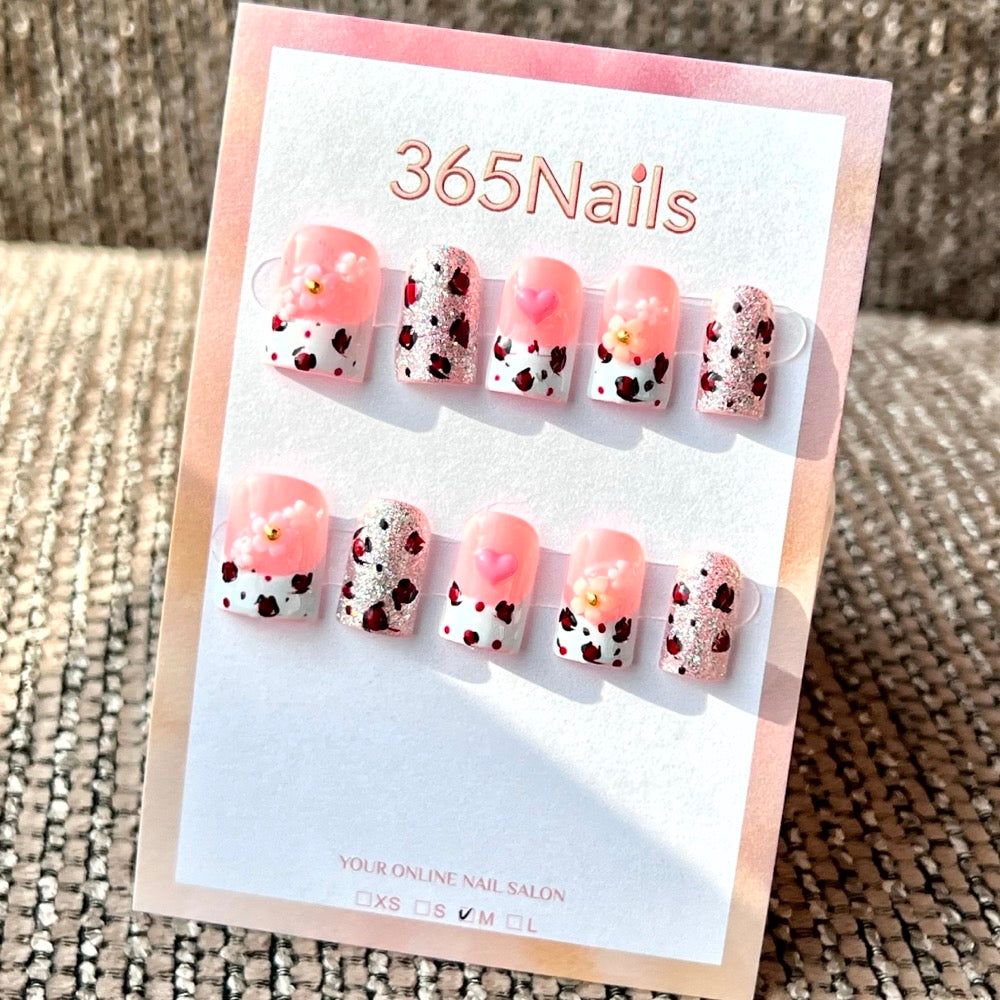 "Pink Leopard Heart" - Wholesale Ultra-Soft Flexible Fit Handmade Nails (MOQ=100) press-on nail design from 365nails