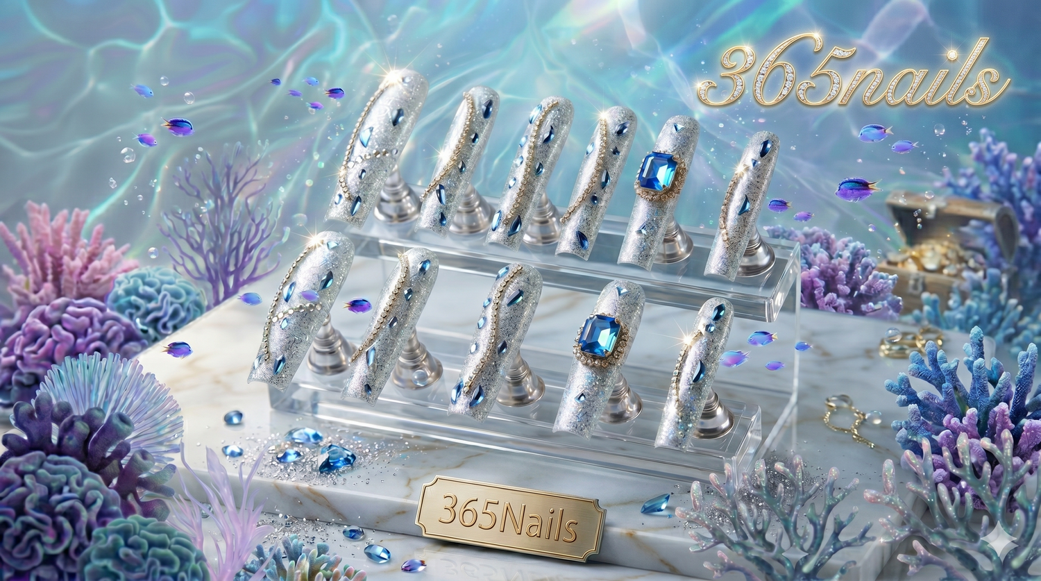 Deep Sea Siren: Long Straight Blue Diamond Press-On Nails for Sellers press-on nail guide from 365nails
