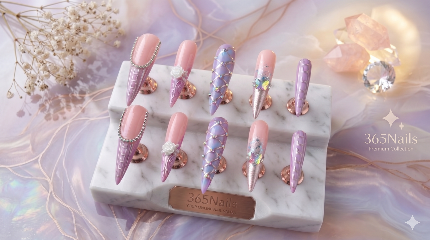 The Stiletto Stare: A Dreamy Encounter of Sharp Edges and Purple Reliefs.💜 press-on nail guide from 365nails