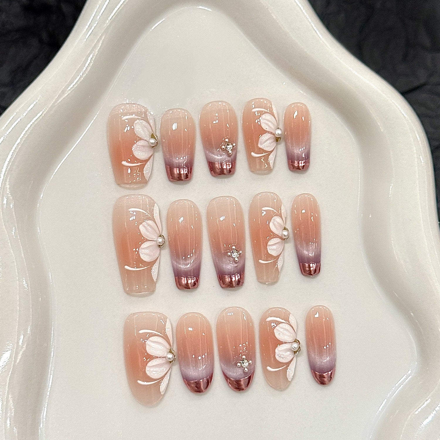 Violet Bloom hand-painted floral cat eye gradient square press-on nails set for private label packaging preparation