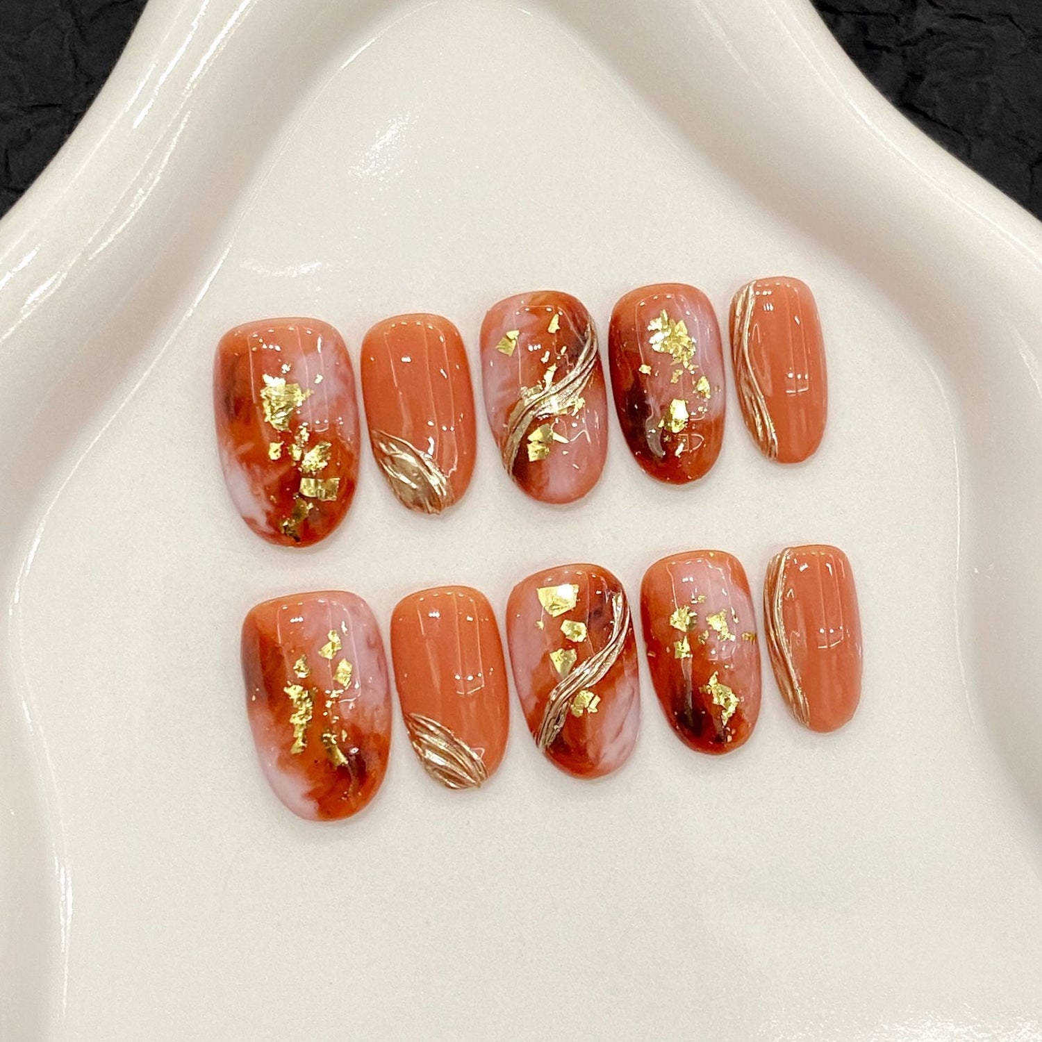 Gilded Amber press-on nails with gold foil marble design in short square shape, ideal for fall wholesale orders