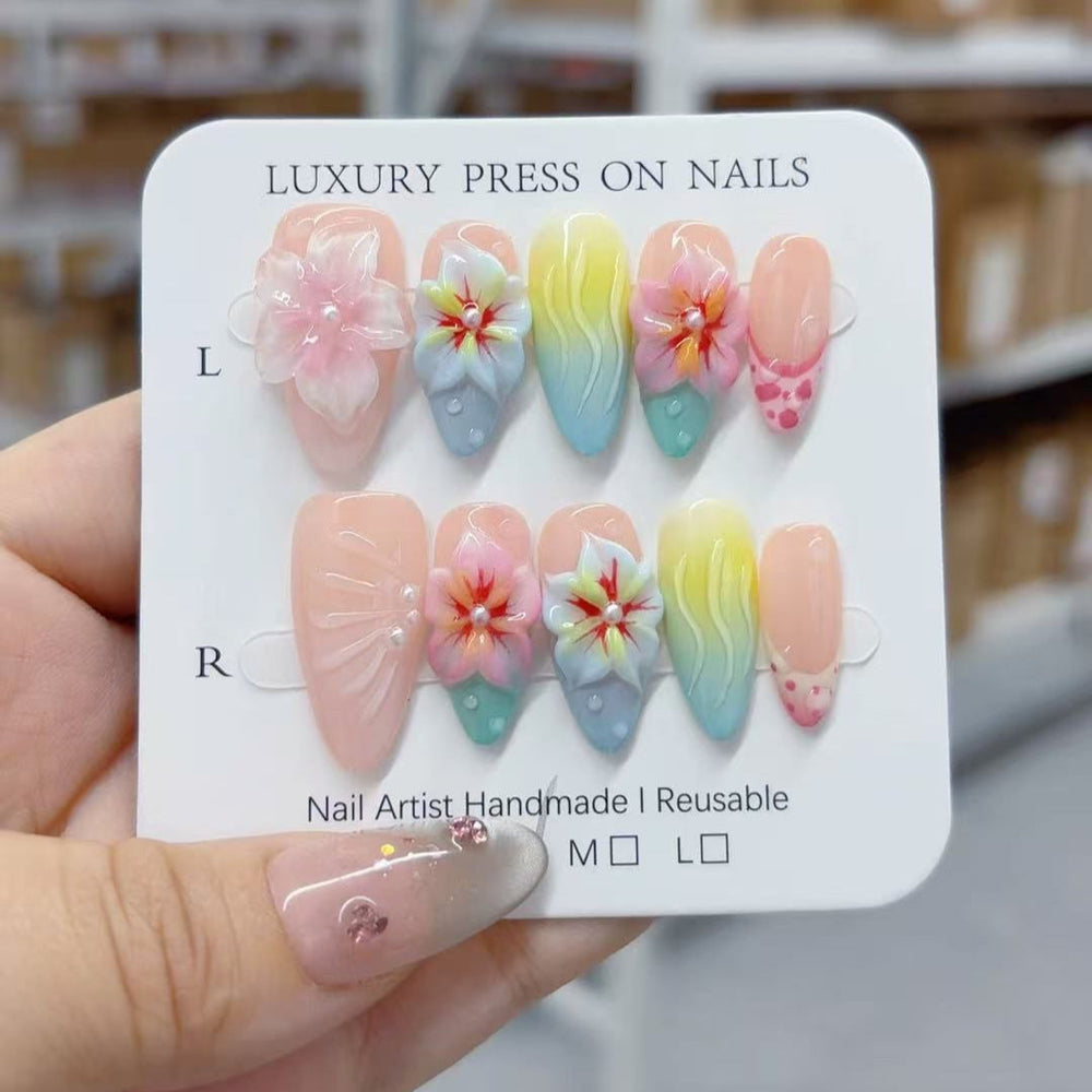 Tropical Bloom: "Gradient Floral" – Almond Press-On Nails
