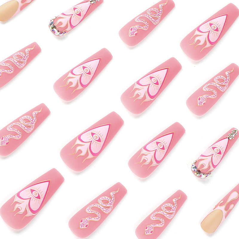 Press on nail matte pink French water drop snake pattern rhinestone nail patch Press-on nails art finished product wholesale