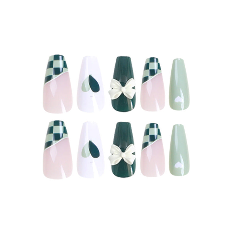 Press onable nails Art  Matcha Chessboard nails Art Whitening nails  Press onable nails Art Wholesale nails｜365nails