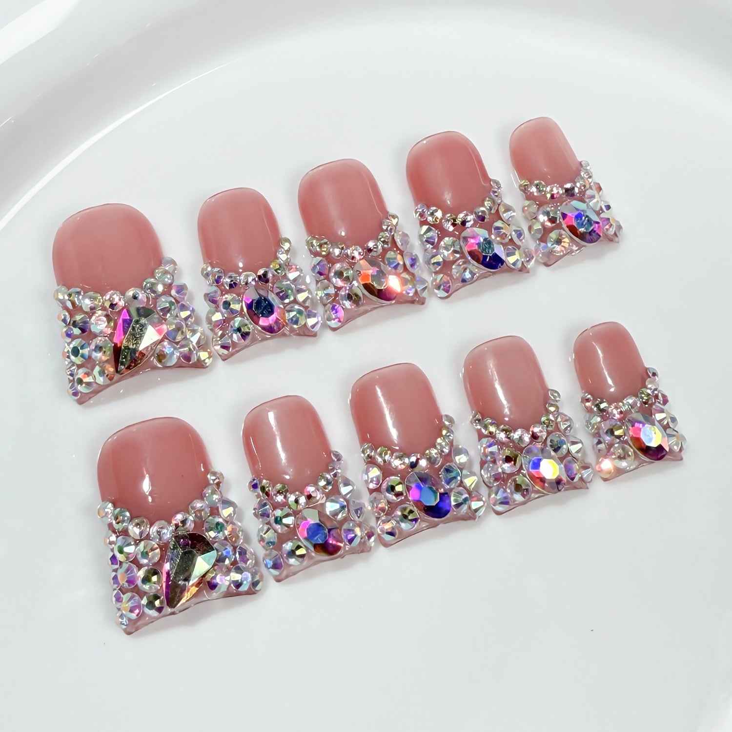 Icy French press-on nails with full sparkling rhinestone tips, ideal for private-label dropshipping product testing and brand launch.