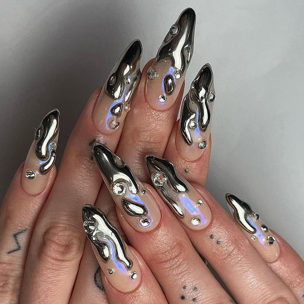 French 3D silver paste press on nails film short almond fake nails point drill fake nail nail film wholesale｜365nails
