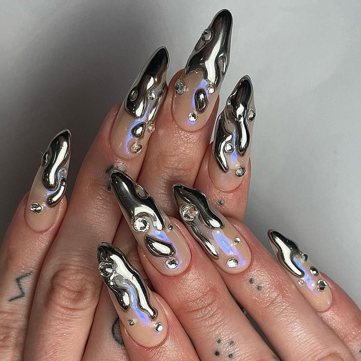 French 3D silver paste press on nails film short almond fake nails point drill fake nail nail film wholesale｜365nails