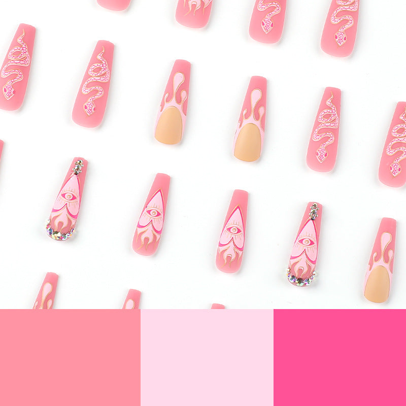 Press on nail matte pink French water drop snake pattern rhinestone nail patch Press-on nails art finished product wholesale