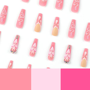 Press on nail matte pink French water drop snake pattern rhinestone nail patch Press-on nails art finished product wholesale