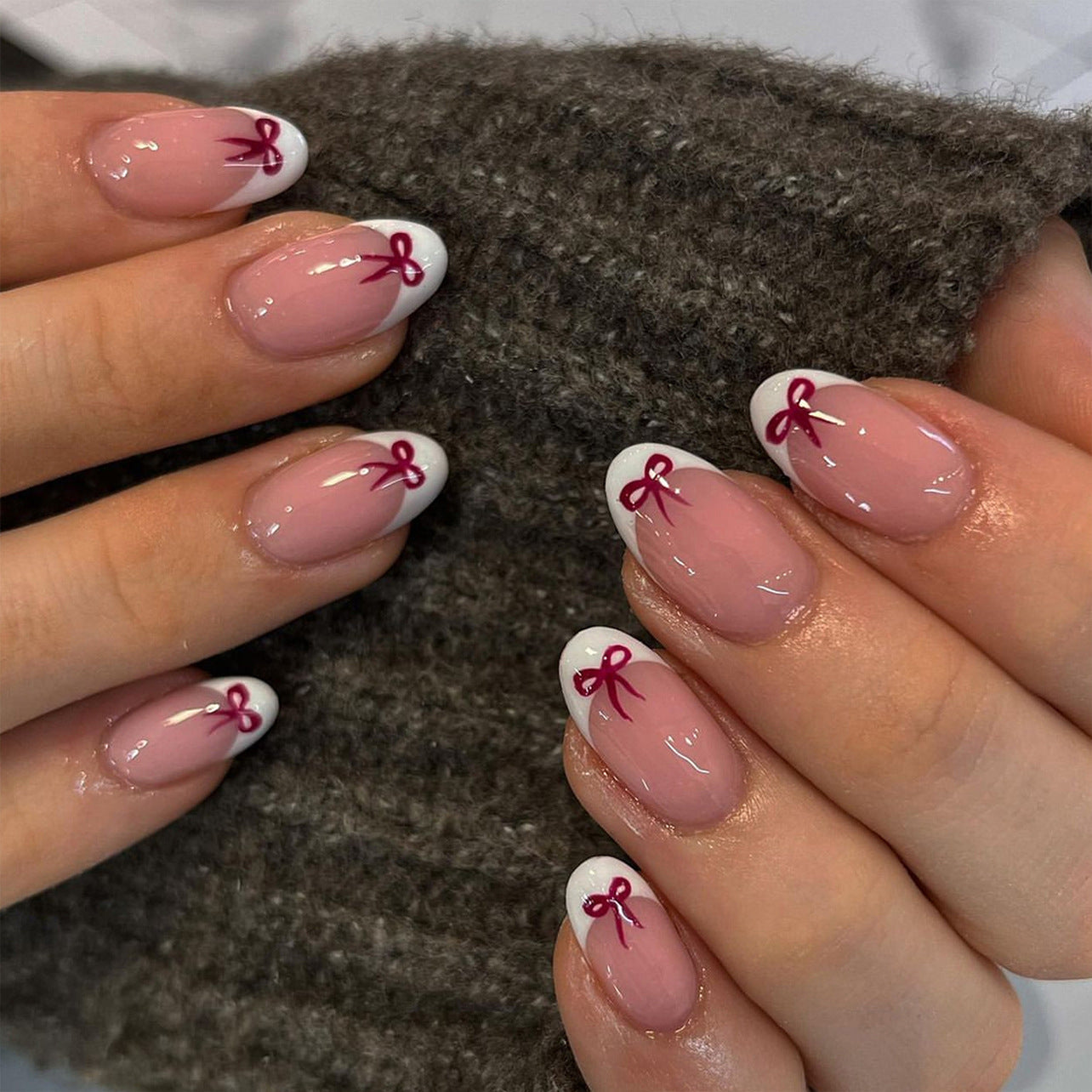 "White French & Burgundy Bow" - Precision Crafted Press-On Nails press-on nail design from 365nails