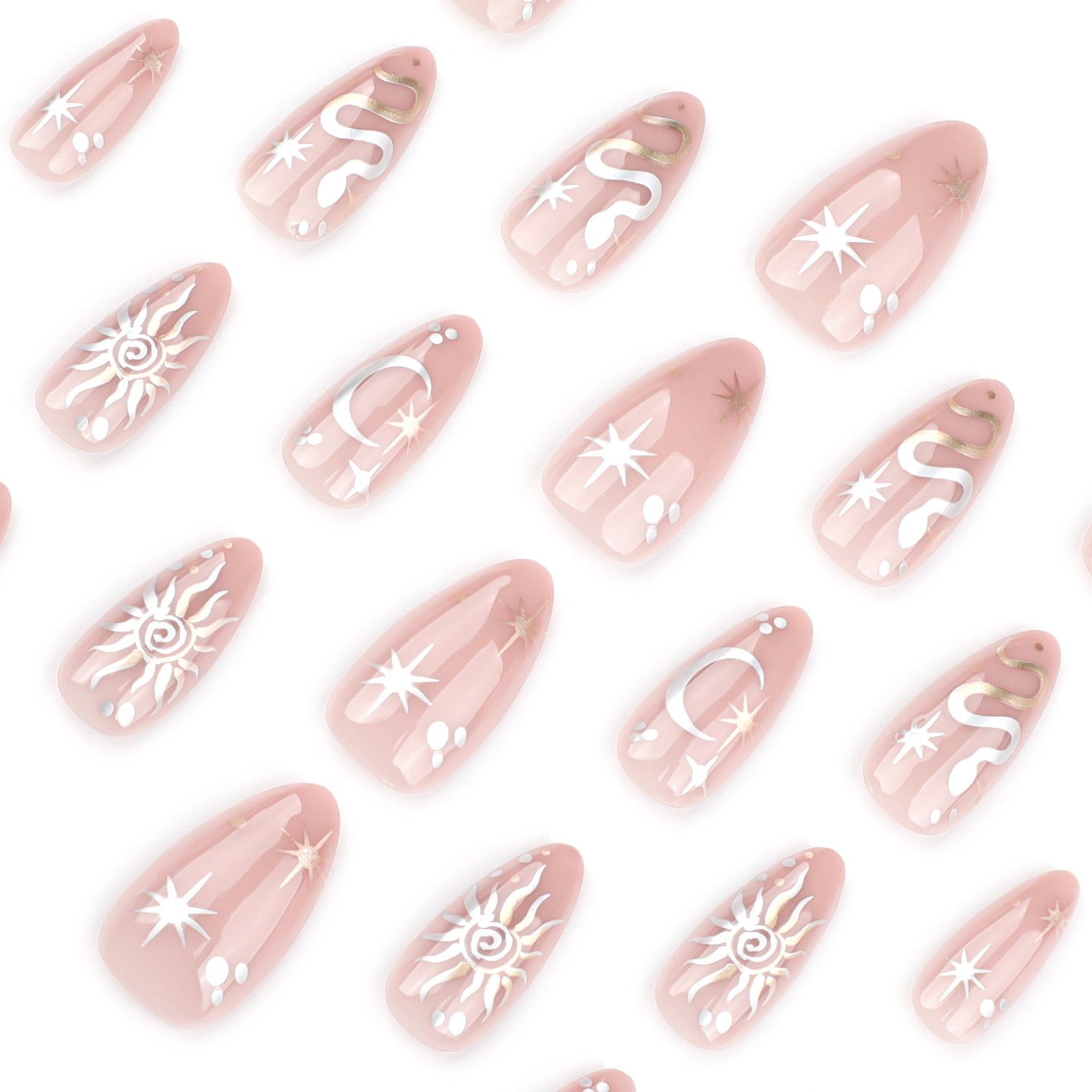 New Year's Popular Wear Nail Almond Nail Pieces Year of the Snake Metal Nail Art False Nail Star Moon Wear Nail Pieces Wholesale｜365nails