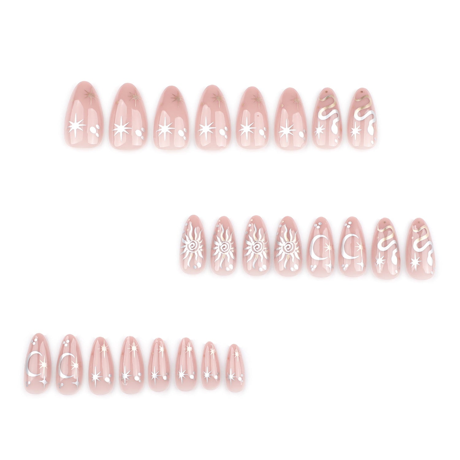 New Year's Popular Wear Nail Almond Nail Pieces Year of the Snake Metal Nail Art False Nail Star Moon Wear Nail Pieces Wholesale｜365nails