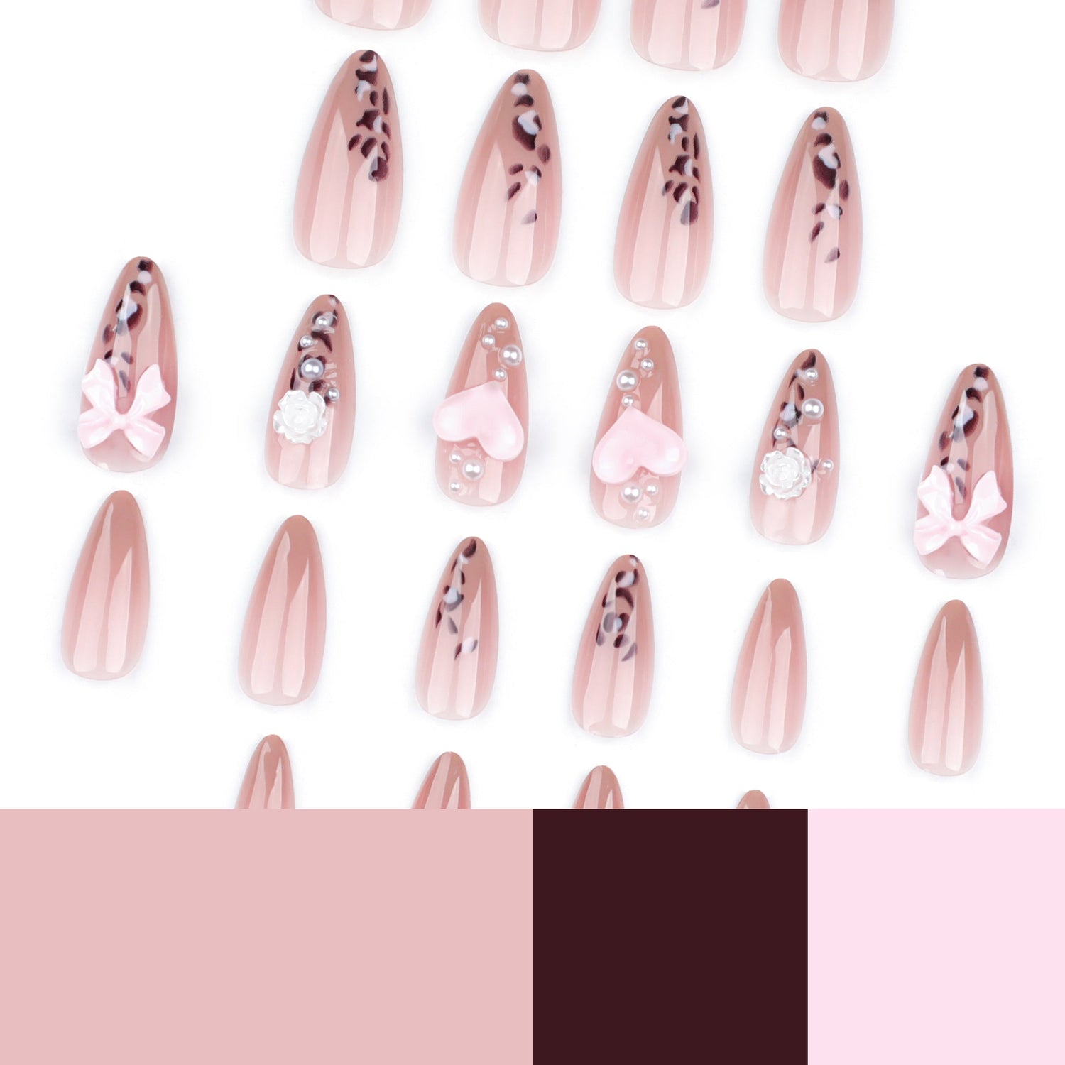 3D girl pink bow love  pearl leopard print manicure fake nail three-dimensional camellia nail piece｜365nails