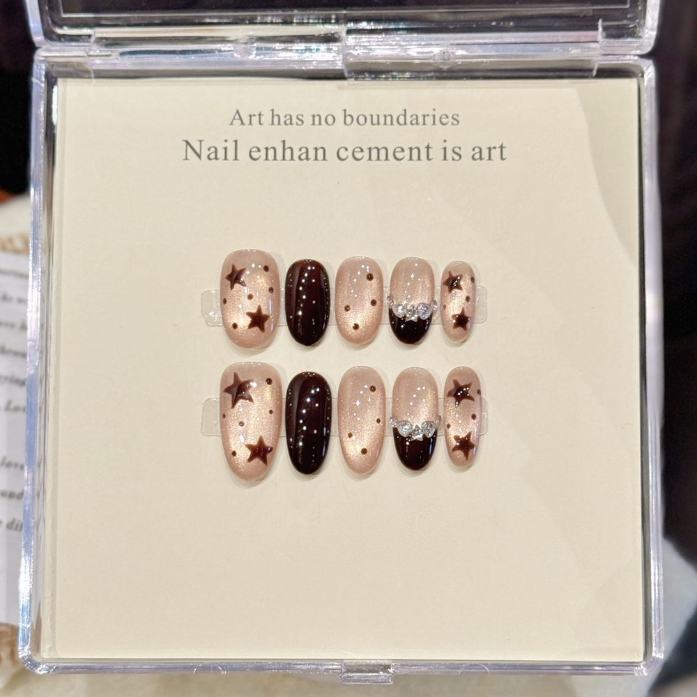 Hand-painted stars and glitter handmade almond press-on nails suitable for custom ODM artwork reference