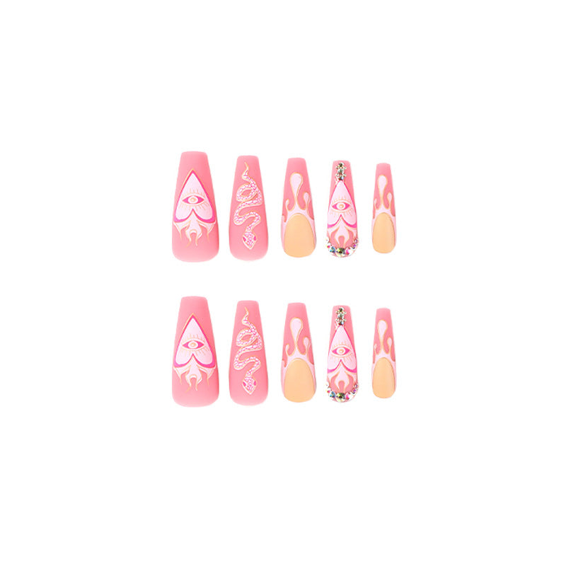 Press on nail matte pink French water drop snake pattern rhinestone nail patch Press-on nails art finished product wholesale