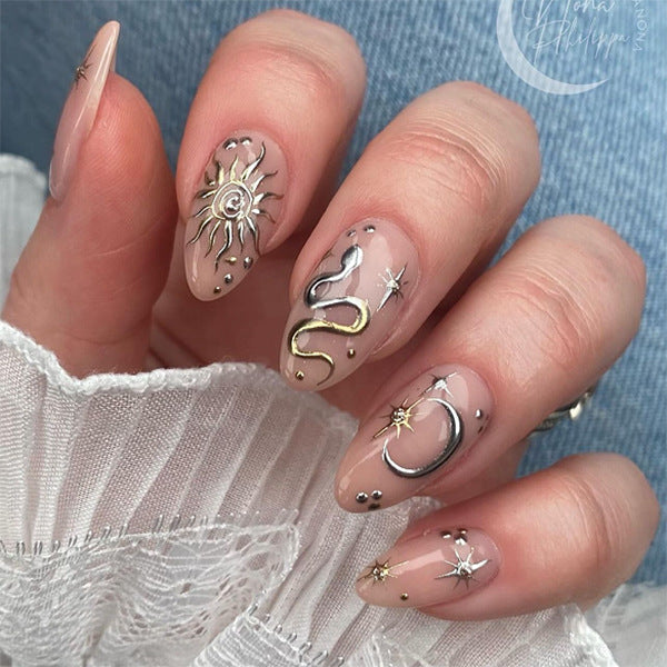 New Year's Popular Wear Nail Almond Nail Pieces Year of the Snake Metal Nail Art False Nail Star Moon Wear Nail Pieces Wholesale｜365nails