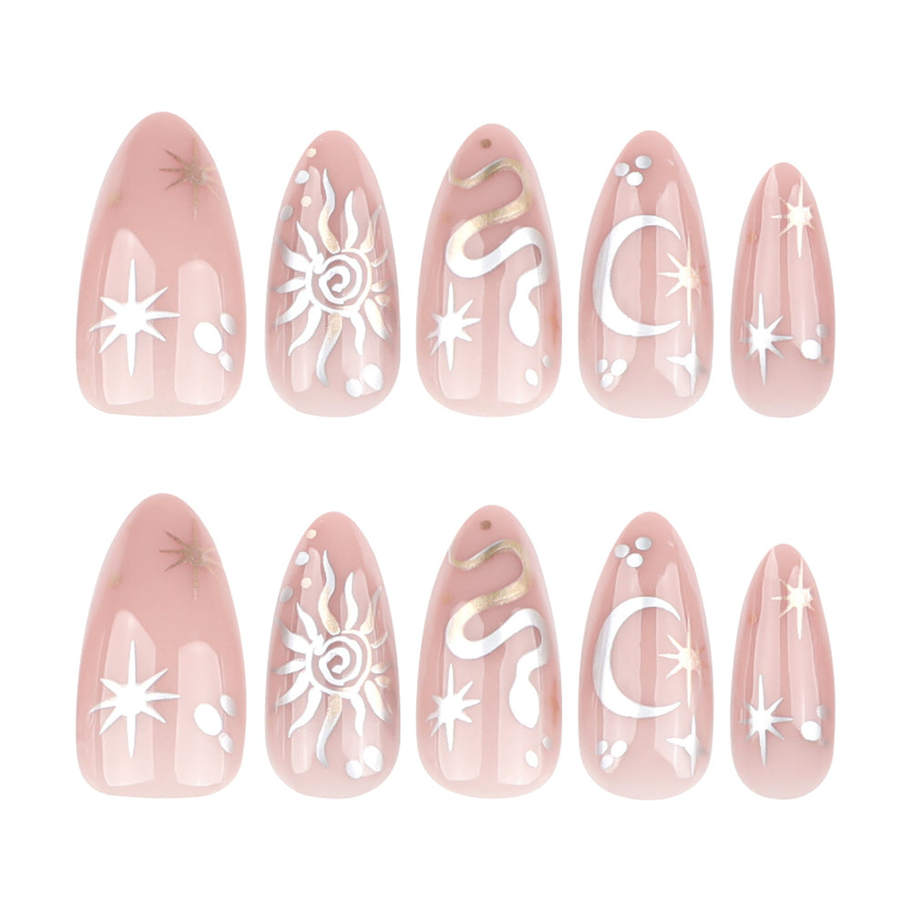 New Year's Popular Wear Nail Almond Nail Pieces Year of the Snake Metal Nail Art False Nail Star Moon Wear Nail Pieces Wholesale｜365nails