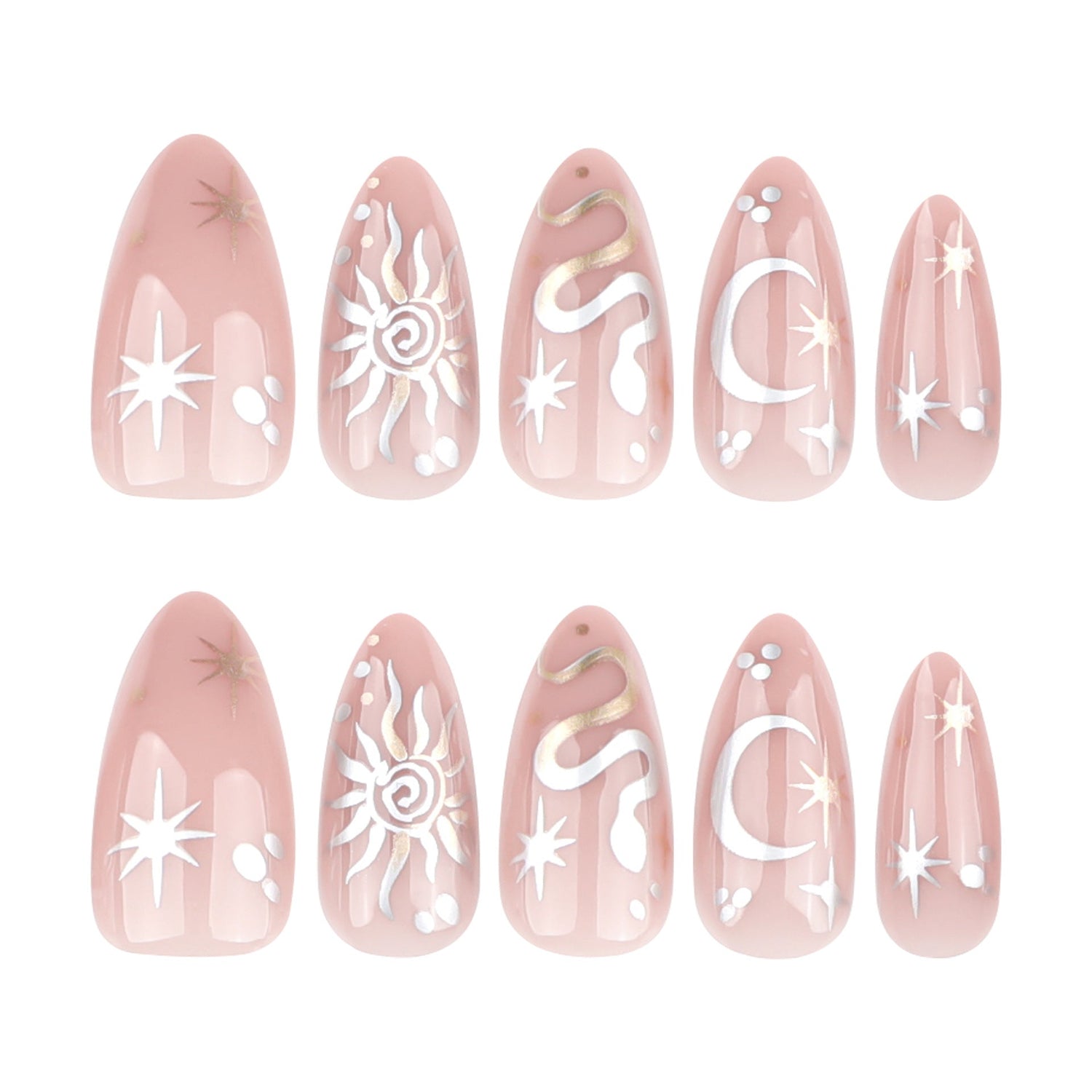 New Year's Popular Wear Nail Almond Nail Pieces Year of the Snake Metal Nail Art False Nail Star Moon Wear Nail Pieces Wholesale｜365nails