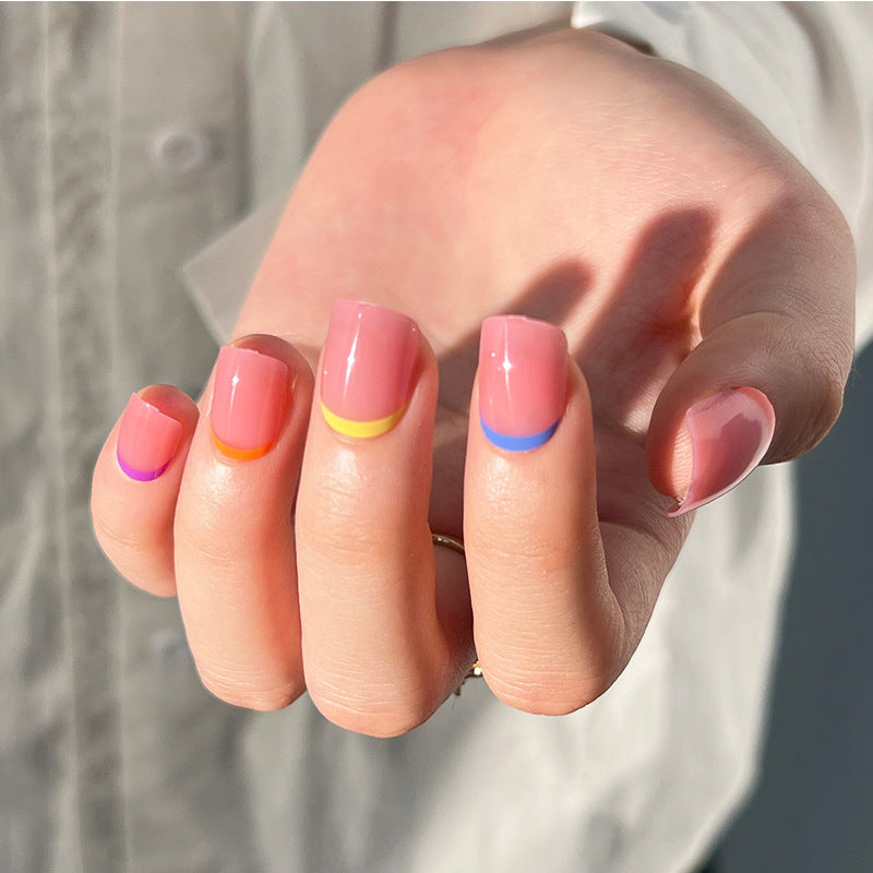 Multicolor French press-on nail art tablets — example finished press-on nails