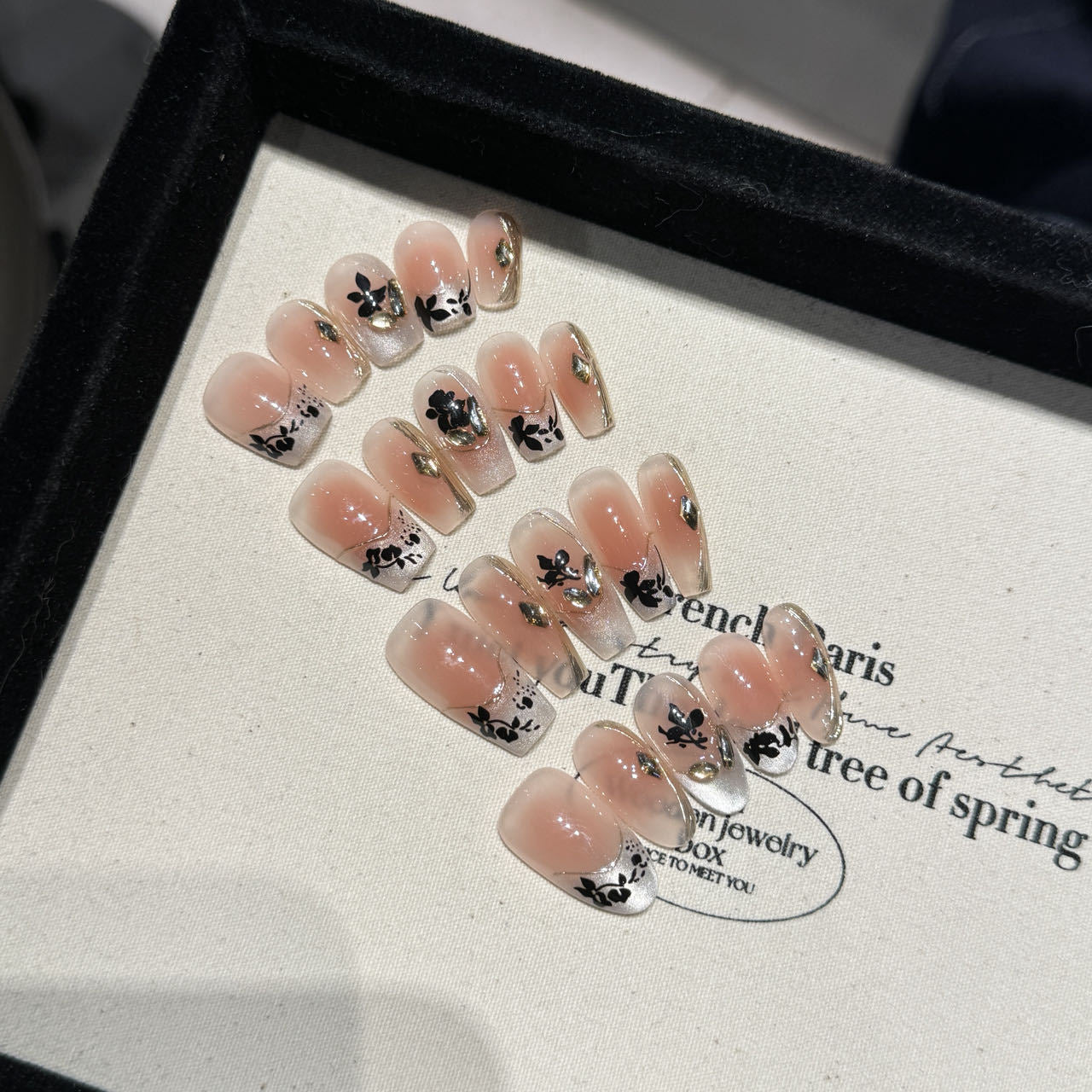 Black 3D floral handmade coffin press-on nails from 365nails, representing premium quality for wholesale supplier evaluation