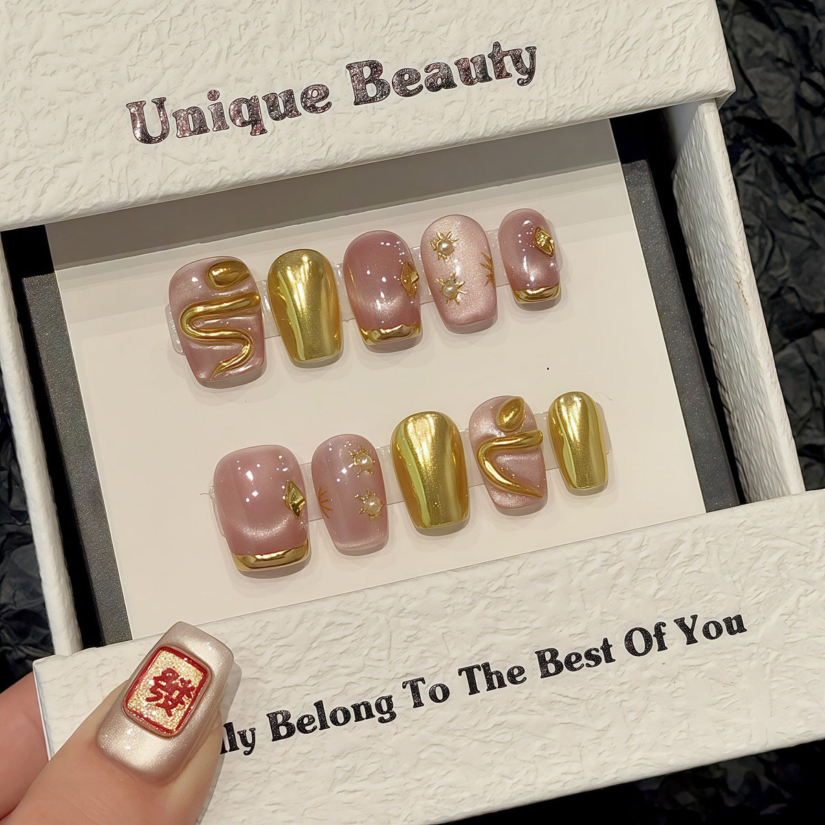 Gold snake 3D metallic handmade short square press-on nails suitable for custom ODM nail brand development