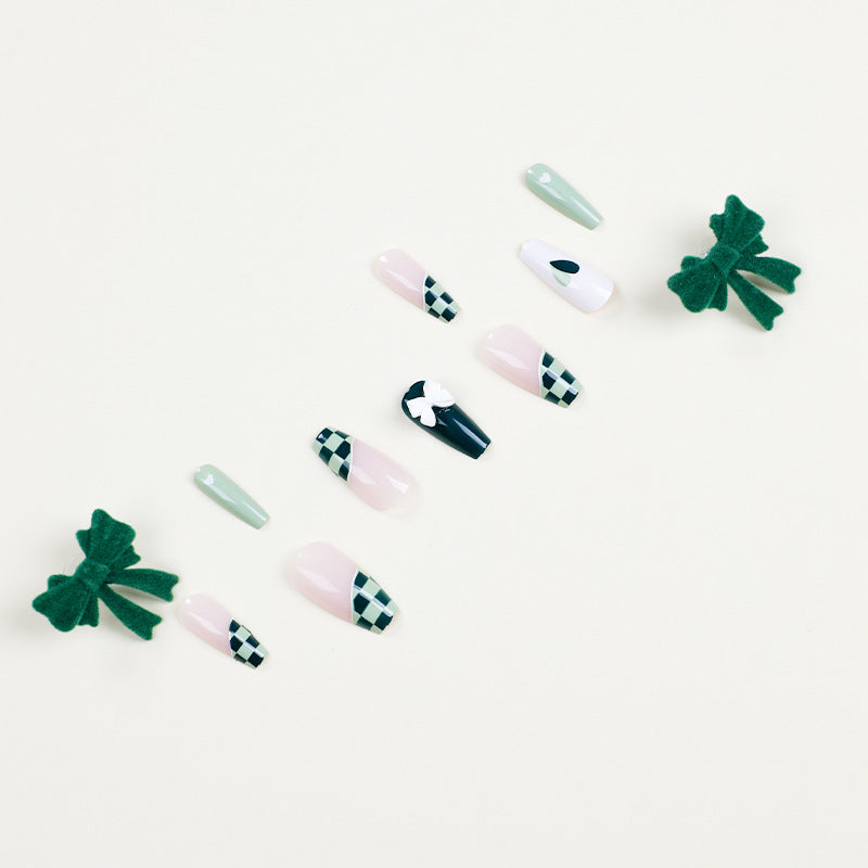 Press onable nails Art  Matcha Chessboard nails Art Whitening nails  Press onable nails Art Wholesale nails｜365nails
