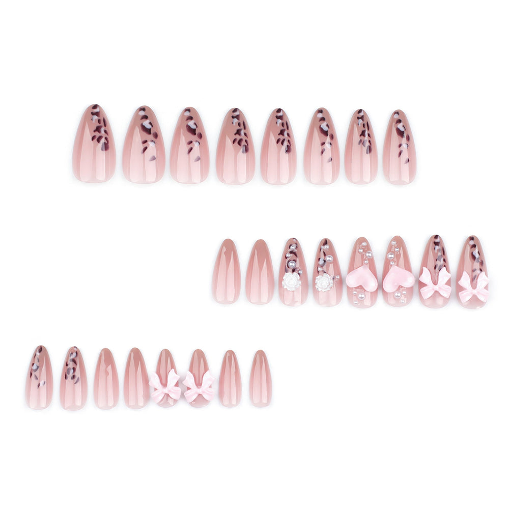 3D girl pink bow love  pearl leopard print manicure fake nail three-dimensional camellia nail piece｜365nails