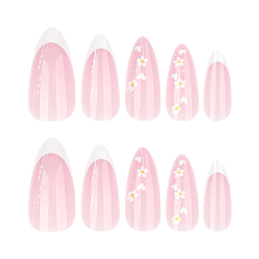 Simple and fresh flower nail art film Short almond nail fake nail French white short press-on nails film｜365nails