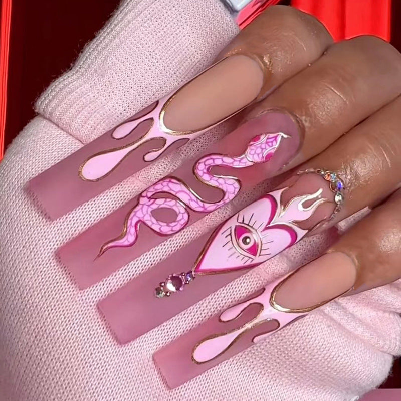 Press on nail matte pink French water drop snake pattern rhinestone nail patch Press-on nails art finished product wholesale