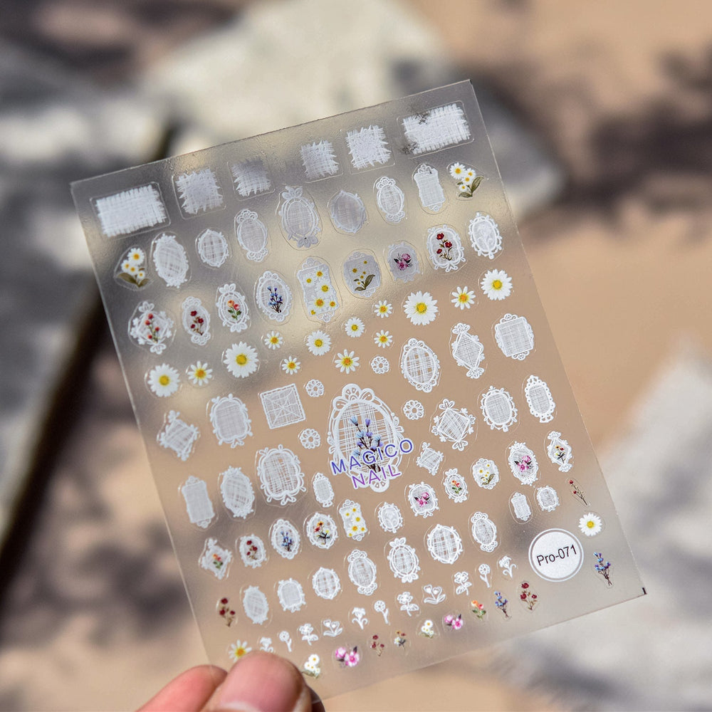 Private label press-on nail set with white lace floral pattern in clear shelf-ready packaging