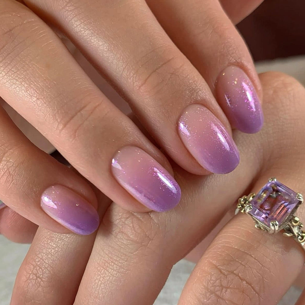 simple French purple press on nails  gradual change fake nail short round nail finished product wholesale｜365nails