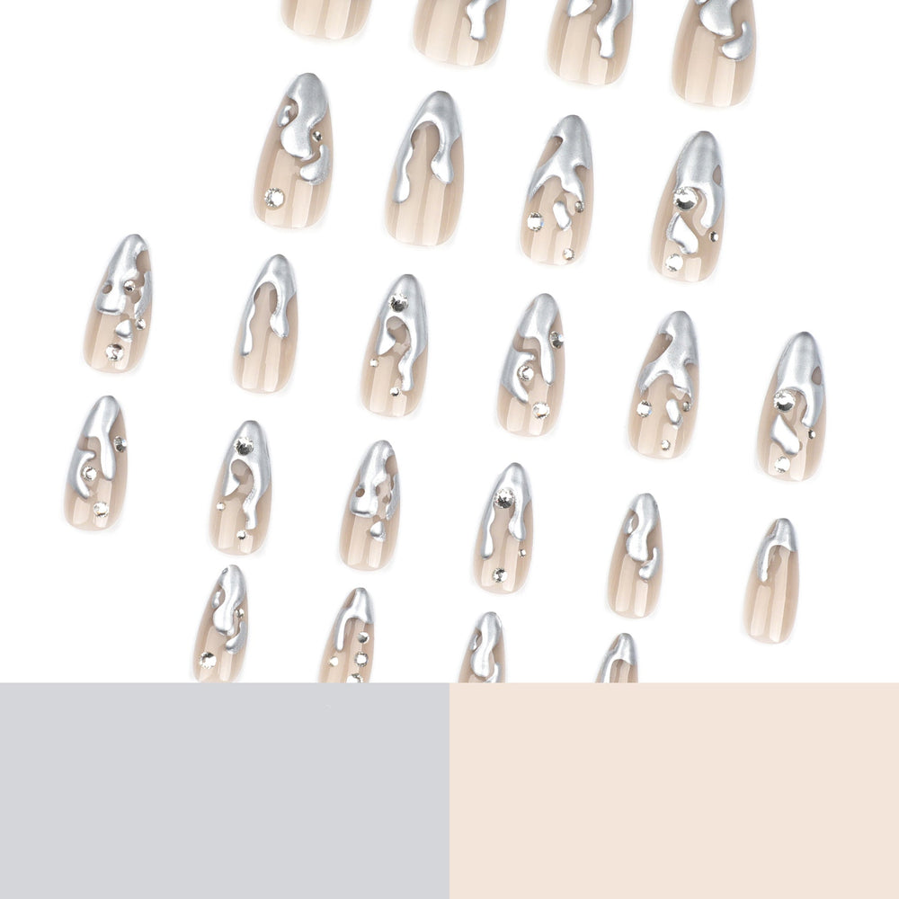 French 3D silver paste press on nails film short almond fake nails point drill fake nail nail film wholesale｜365nails
