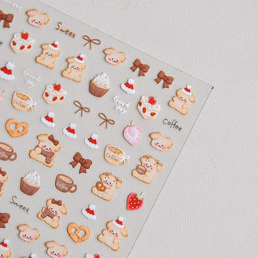 Cute coffee bear bakery press-on nails assortment ready for private label packaging and brand launch.