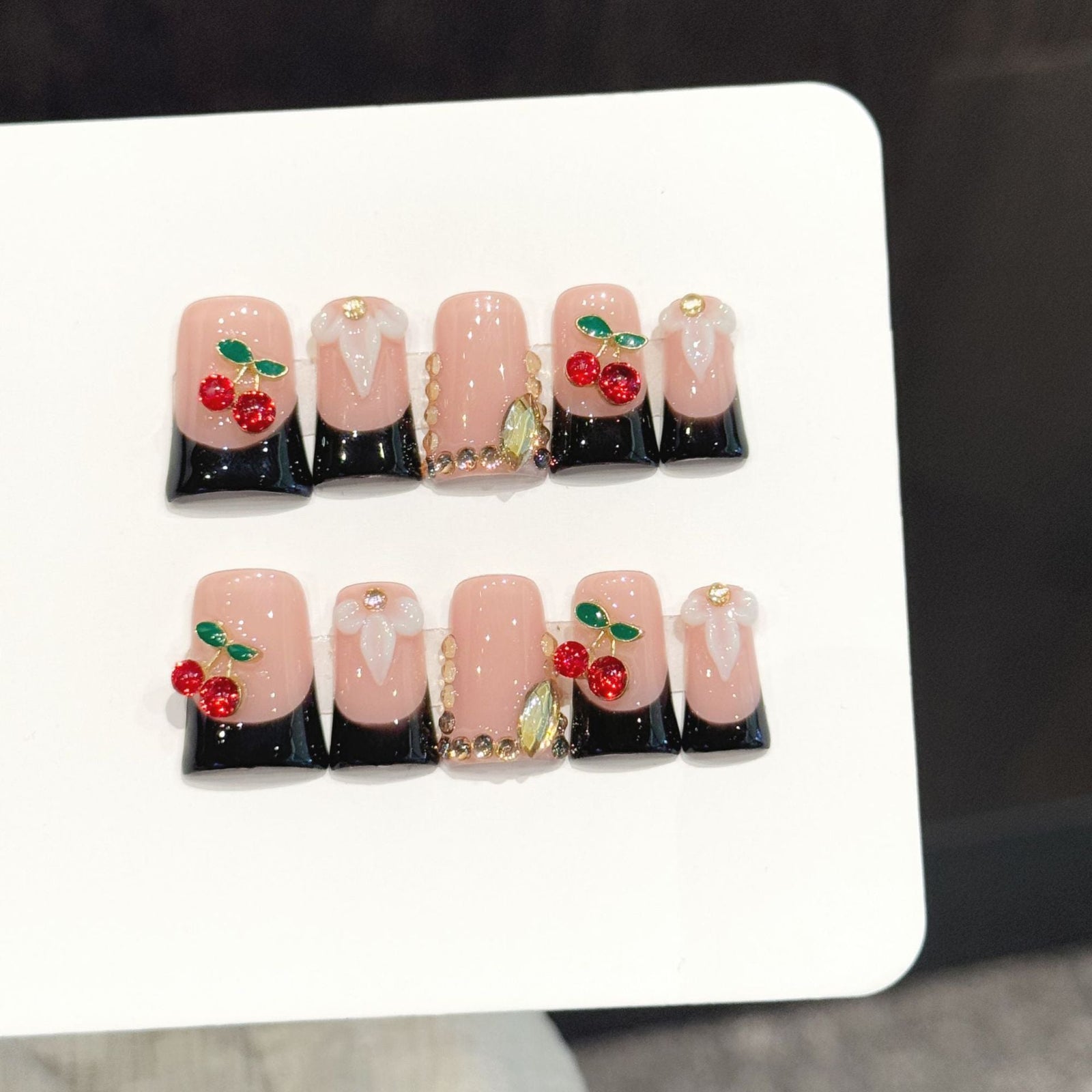 Cherry Noir 3D Fruit & Bow Handmade Medium Square Press-On Nails for salon wholesale and retail