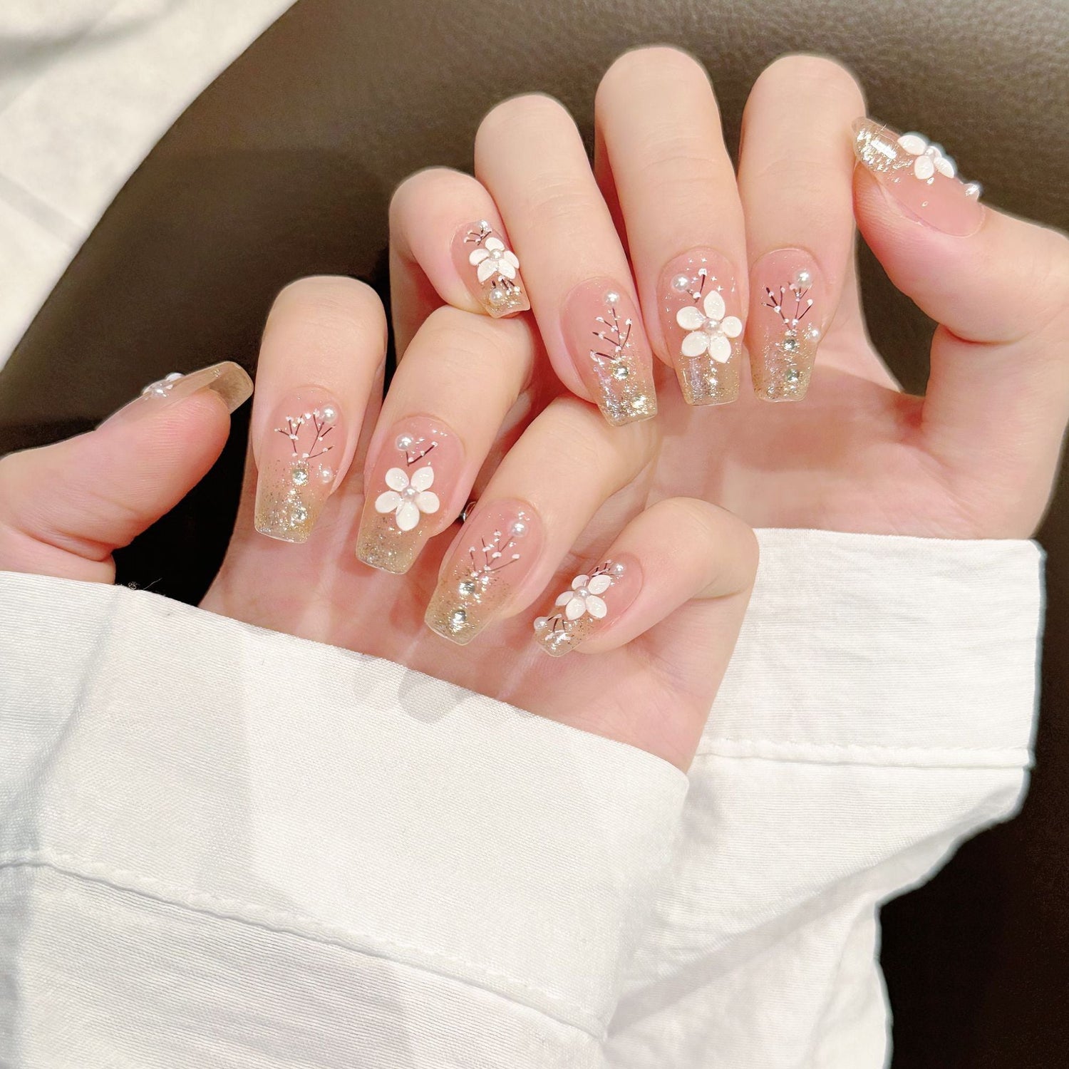 White Blossom Whisper 3D floral glitter handmade coffin nails perfect for private label press-on nail retail display planning.