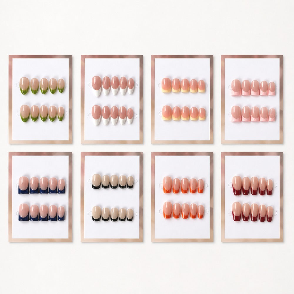 Handmade French tip press-on nail set with multi-color designs displayed for wholesale supplier comparison.