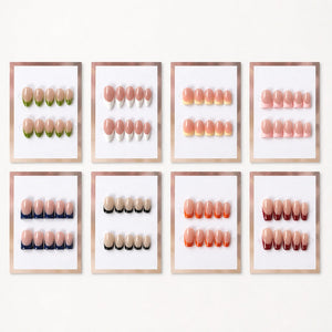 Handmade French patch press-on nail set in multiple colors and shapes displayed for wholesale salon retail consideration