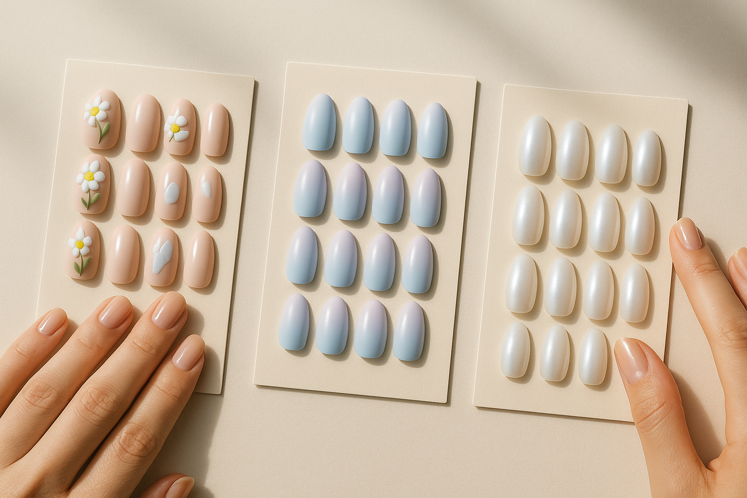 Three sets of press-on nails displayed on a neutral background showing floral, ombre, and shell designs with studio lighting.