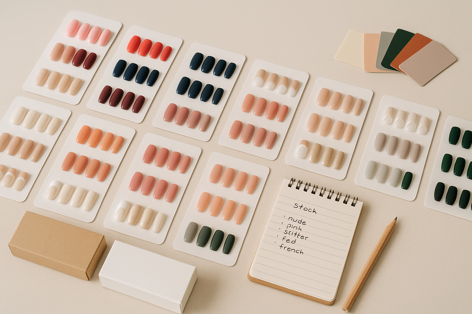 Wholesale assortment of press-on nail sets arranged on product cards with inventory notes for a salon buyer