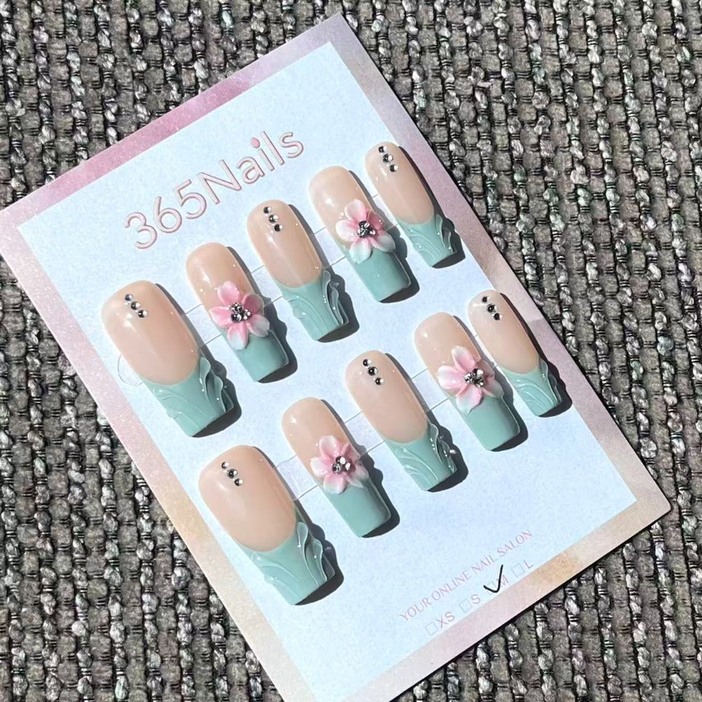 Pink mist mint flower 3D handmade press-on nails with floral design