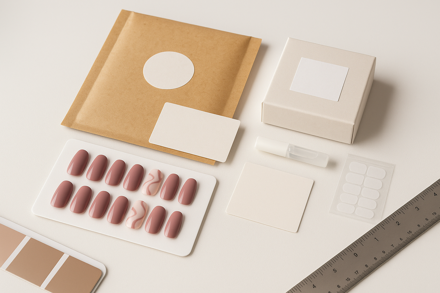 A clean design desk with press-on nail sample sets, a branded box mockup, logo cards, adhesive sample vials, and packaging prototypes arranged for product photography.
