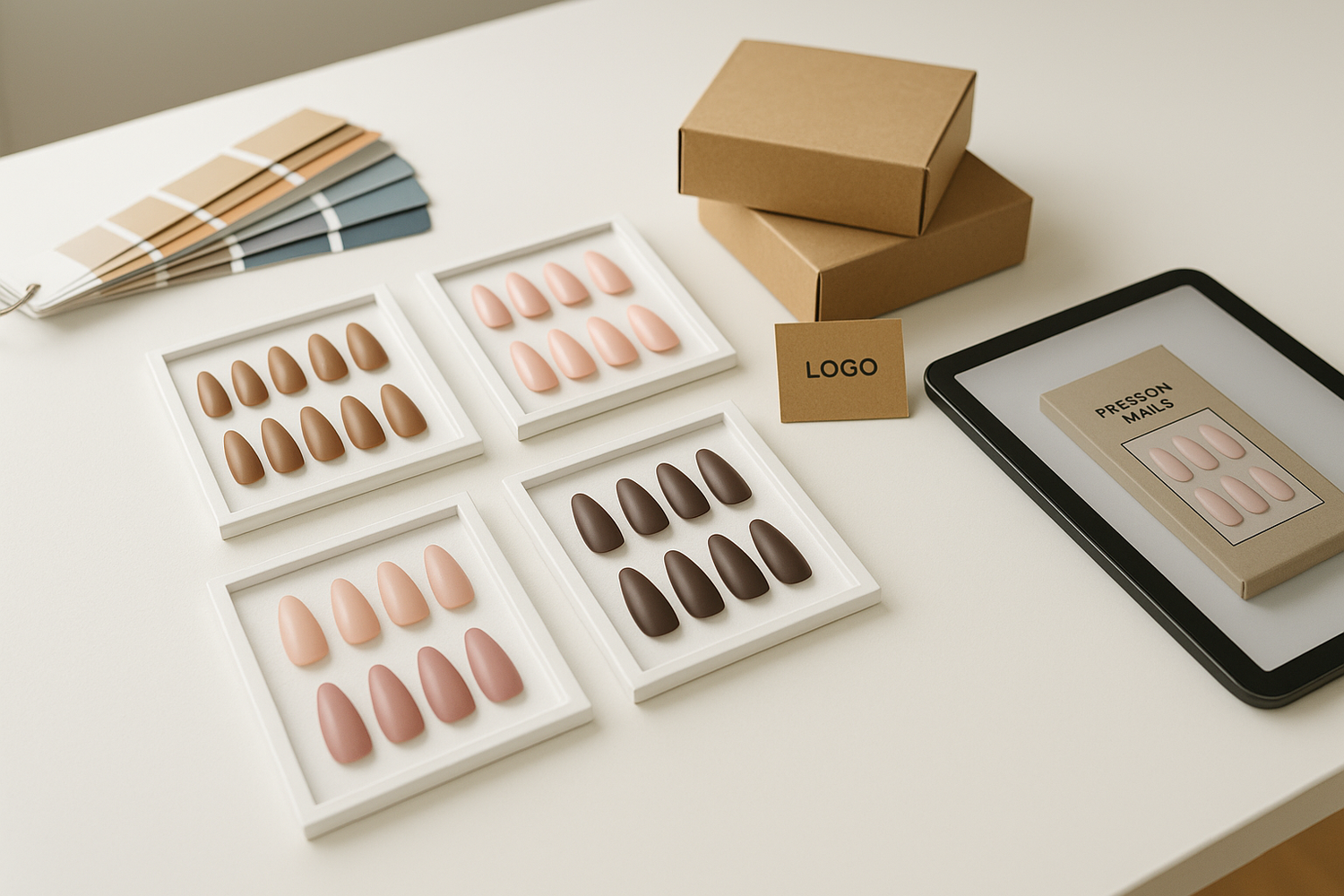 Custom press-on nail samples and private-label packaging mockups on a clean design desk