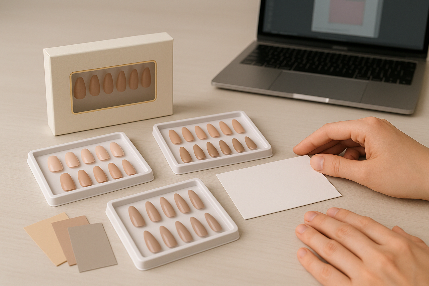 Editorial desk with custom press-on nail samples, logo box mockup, and design sketches organized for private-label production.