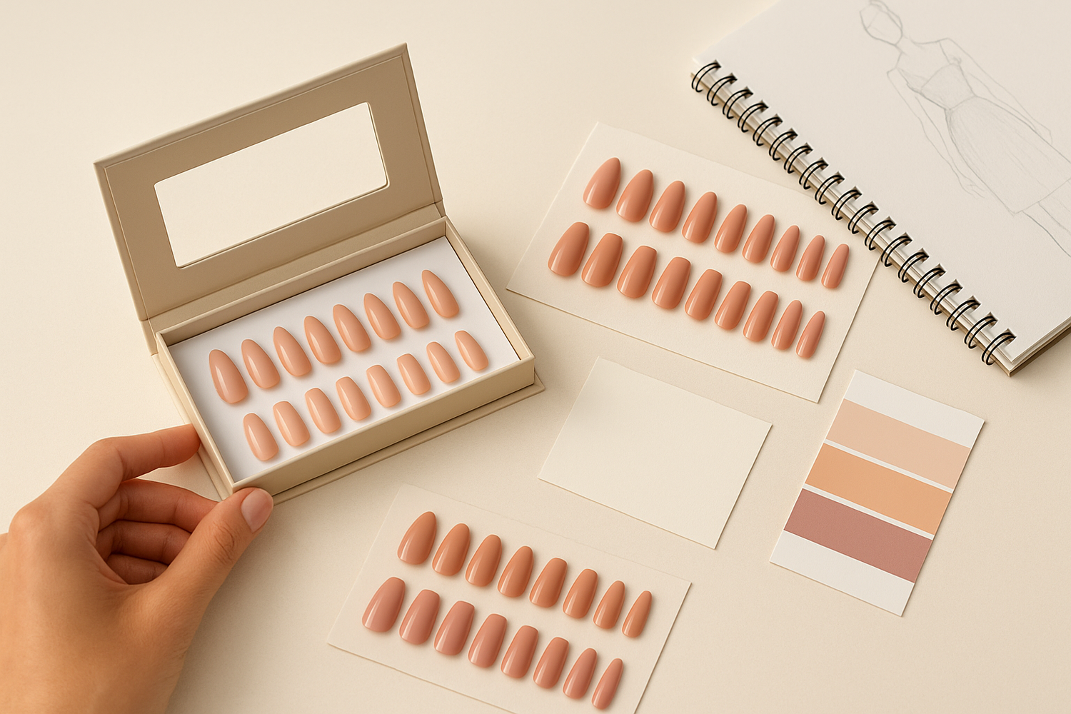 Custom press-on nail sample sets and branded packaging mockups arranged on a clean design desk