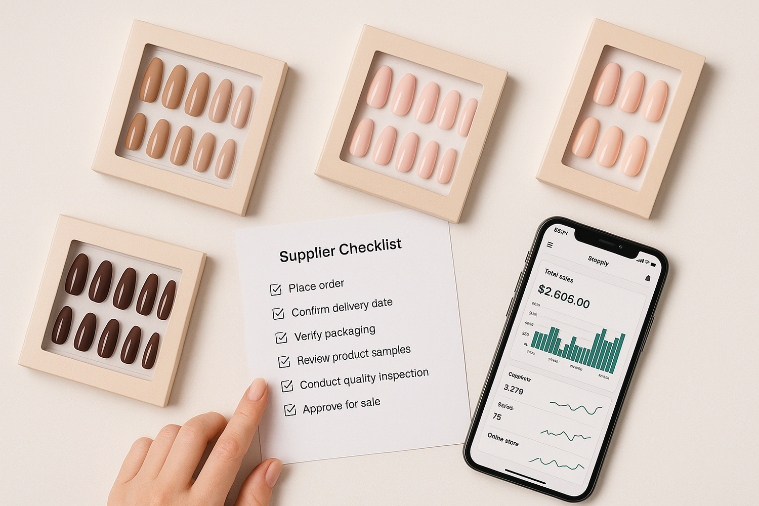 Flat-lay of press-on nail sets with packaging samples and a supplier checklist on a clean desk.