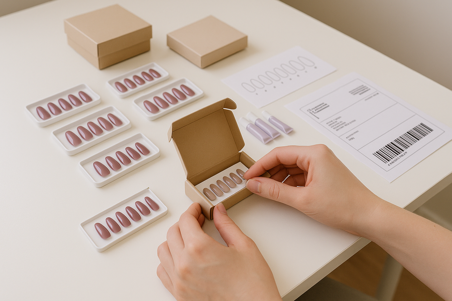 Ecommerce desk with press-on nail sets, packaging boxes, sizing chart, and order notes ready for Etsy fulfillment