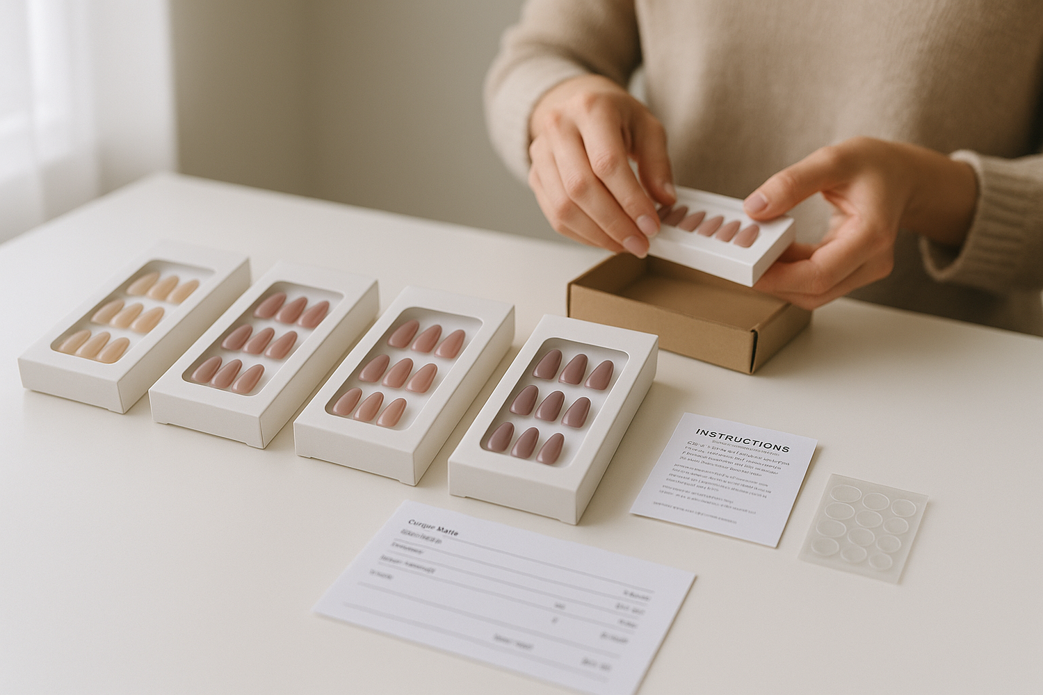 Ecommerce workspace with boxed press-on nail sets, instruction cards, adhesive strips, and order notes on a clean desk for dropshipping fulfillment.