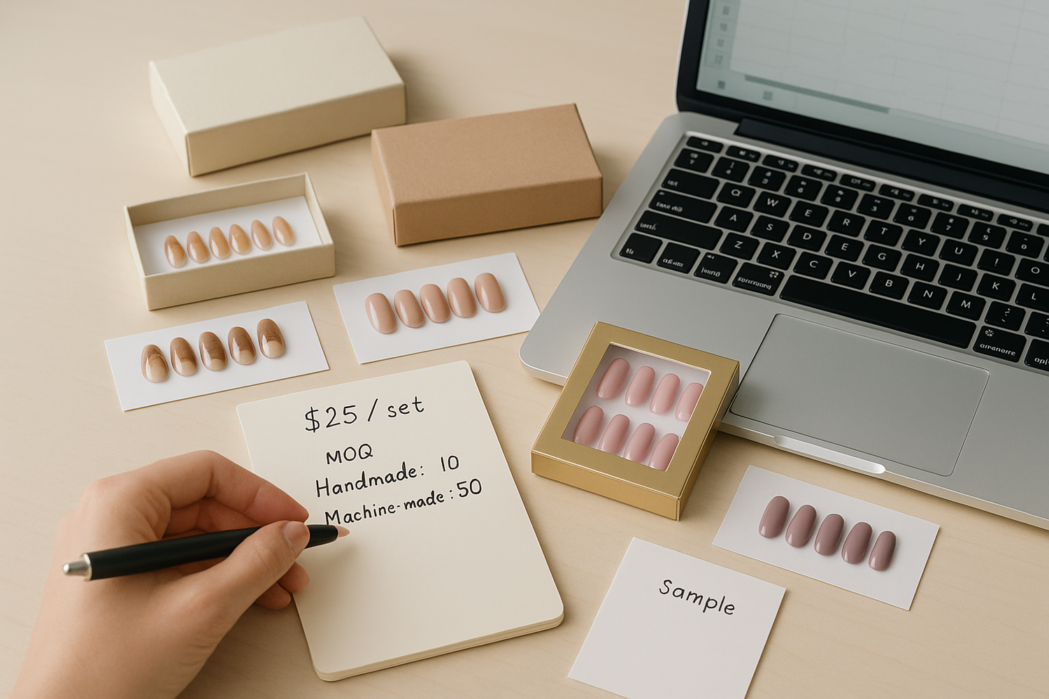 Founder desk with assorted press-on nail sets, packaging samples, pricing notes, and a laptop in clean beauty lighting — planning a press-on nail brand launch.