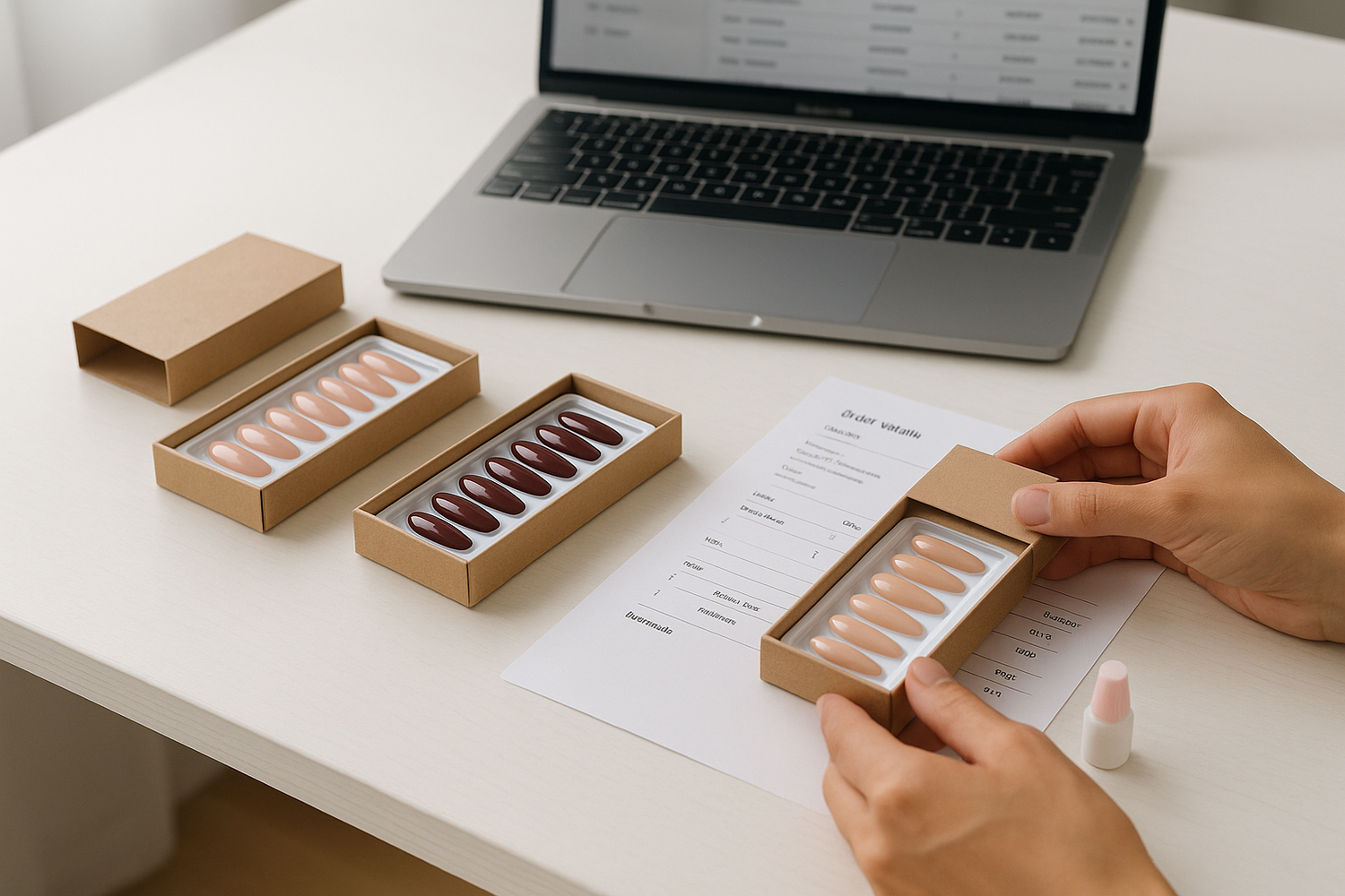 Editorial ecommerce photo: several press-on nail sets arranged for order fulfillment on a clean desk with branded sample boxes, packing slip, and a small bottle of nail glue.