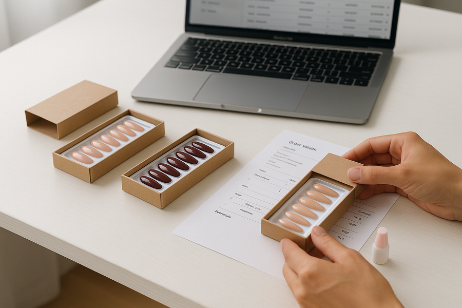 Editorial ecommerce photo: several press-on nail sets arranged for order fulfillment on a clean desk with branded sample boxes, packing slip, and a small bottle of nail glue.